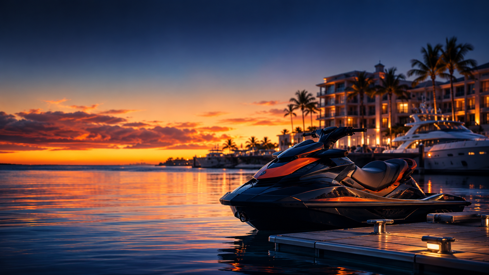 Jet ski with the Dubai skyline and marina in the background.