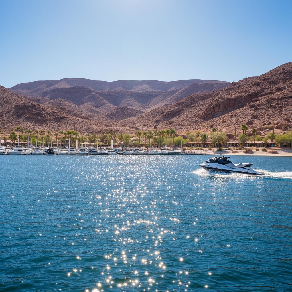 Jet ski gliding across sparkling water with desert hills near Lake Havasu.