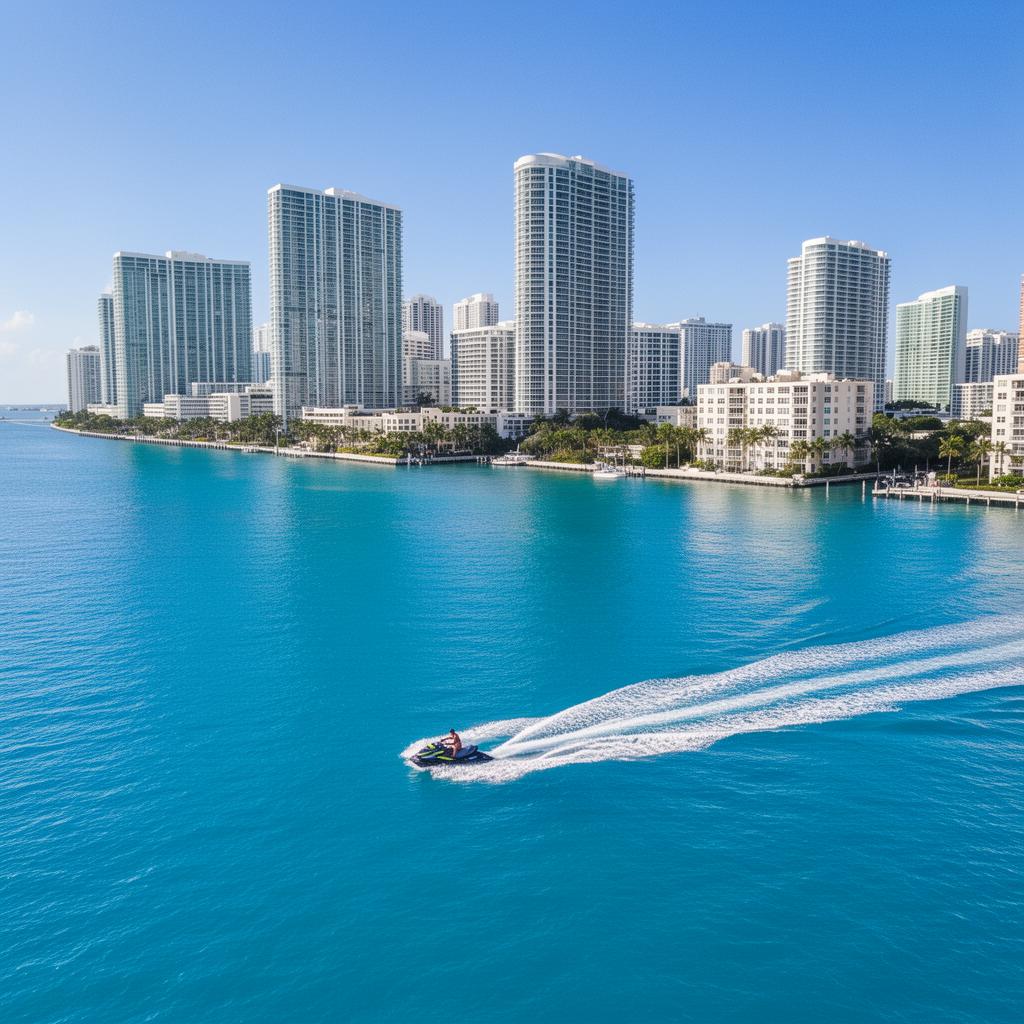 Jet ski rider cutting across bright blue water with Miami skyline in the background.
