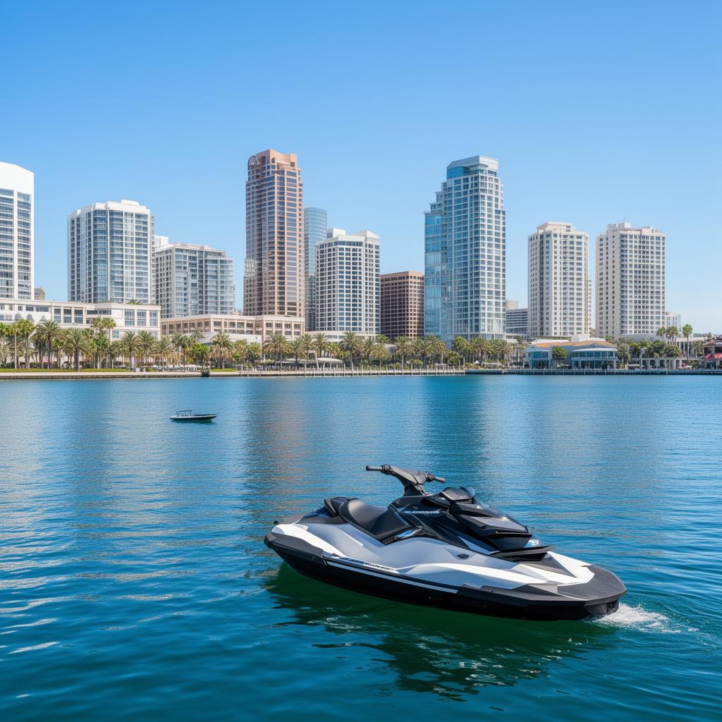 Jet ski floating on calm water in front of Tampa waterfront towers.