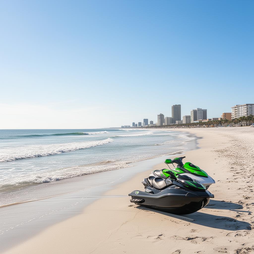 Jet ski parked on a sandy Virginia Beach shoreline.